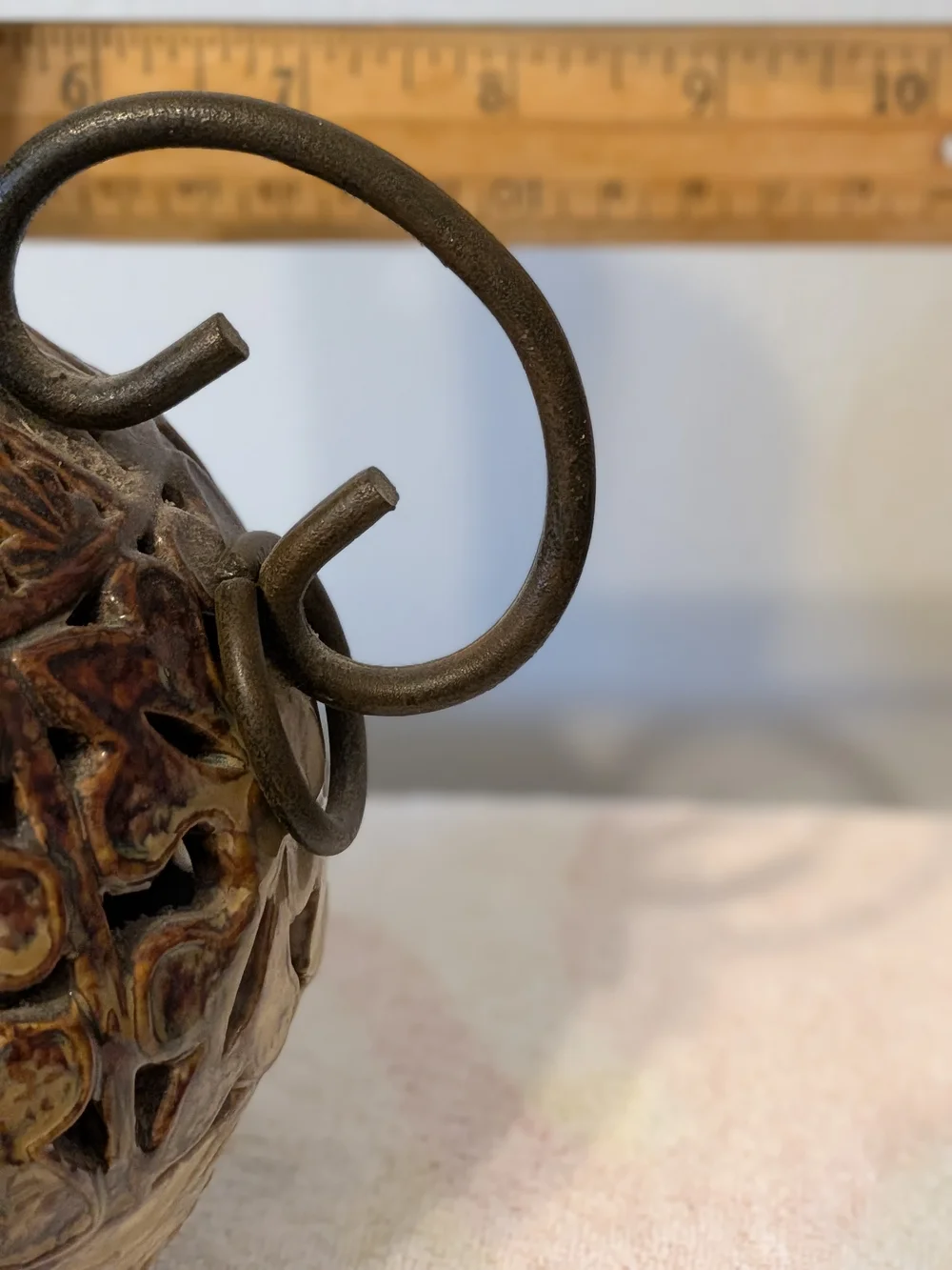 Vintage Glazed Ceramic Pierced Vase With Metal Handles
